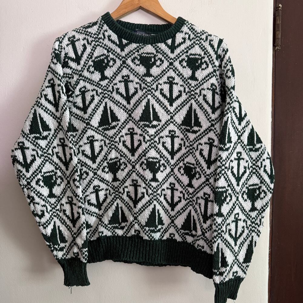 80s Vintage Land's End Green White Nautical Anchor Sailboat Cup Sweater Large